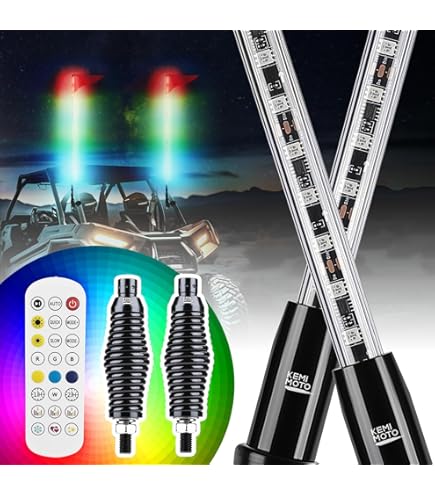 KEMIMOTO 5FT UTV Whip Lights 2-Pack - 22 Modes RF Wireless Control IP67 Waterproof For Off-Road Vehicles