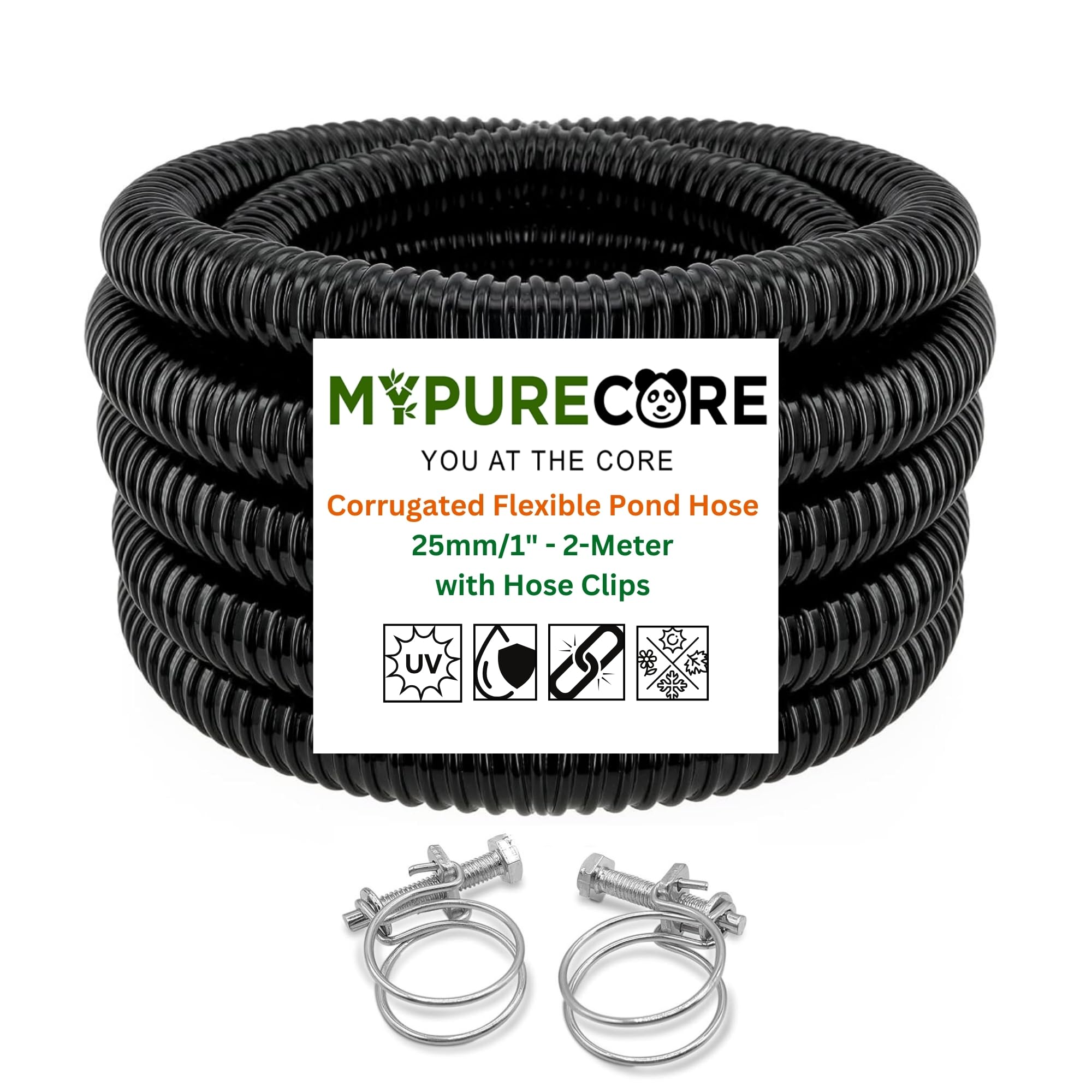 MYPURECORE Corrugated Flexible Hose Pond Pipe 25mm / 1"– 2-Meter with Advanced Double-Wired Hose Clips for Pond Pumps, Filters, Drainage – Corrugated Water Butt Connector Pipe - Black.