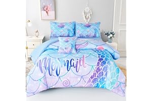URBONUR 6 Piece Mermaid Tail Comforter Set Full Size, Mermaid Fish Scale Bedding Set for Girls Ombre Purple Blue Sparkle Comforter with Sheets Set Soft All Season Room Decor Bed Set