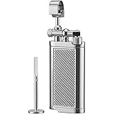 Vintage Lift Arm Gas Lighter, 45 Degree Angled Soft Flame Butane Refillable Retro Metal Igniter with Built-in Tamper and Pick Tool (Chrome)