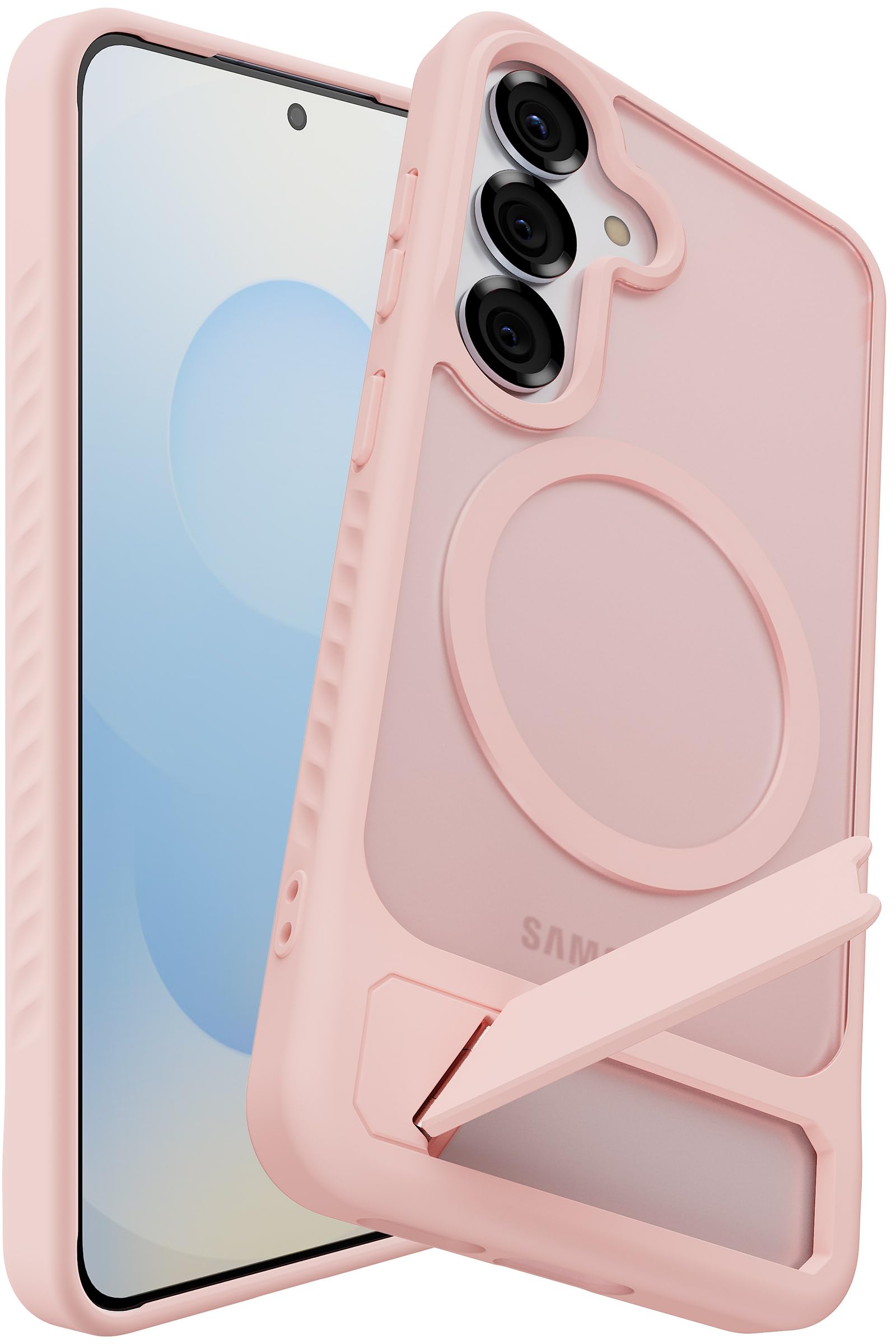BNAAGO Magnetic for Samsung Galaxy S24 Case / S25 Case with Kickstand, Compatible with Mag-Safe, Slim Shockproof Grippy Translucent Matte Phone Cover, Built in Invisible Stand, Chalk Pink
