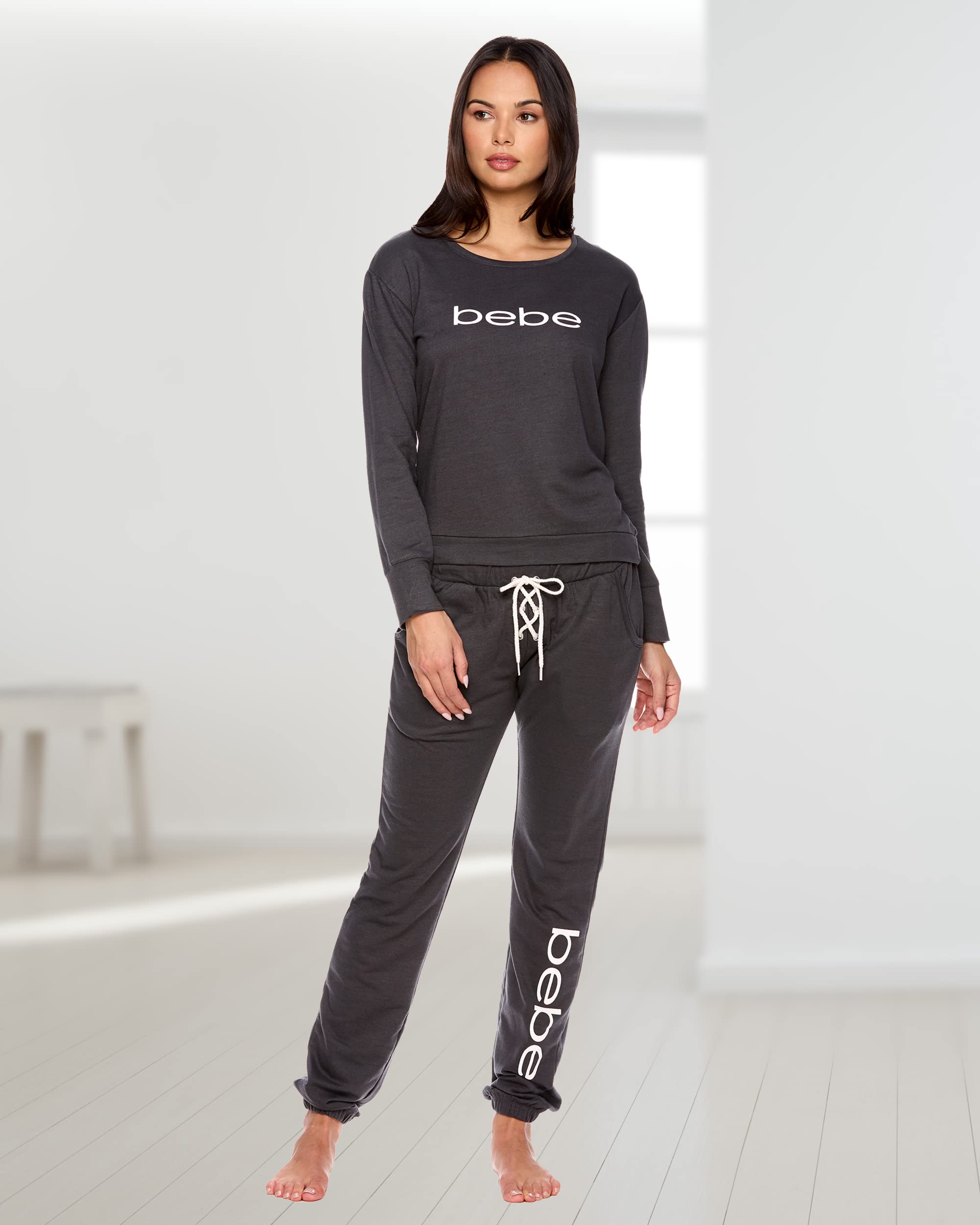 bebe Womens Pajama Sets - French Terry Pajamas Long Sleeve Pullover Top and PJ Pants with Pockets - Sleepwear for Women (Charcoal, Large)