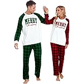 FAYALEQ Christmas Matching Pajamas for Couples Long Sleeve Xmas Plaid Soft Pullover Pjs Set for Men and Women Holiday One Set