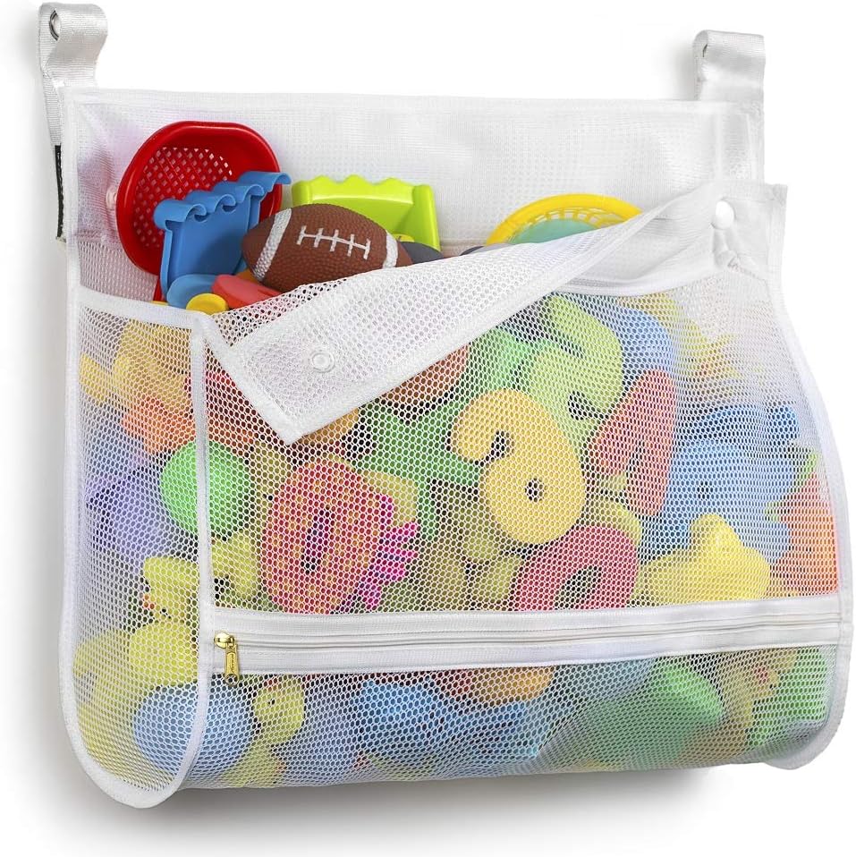 Tenrai Clever Zippered Mesh Bath Toy Organizer, Multiple Ways to Hang, Extra Large Opening Bathroom Toy Holder, Large Capacity Multi Use Bathtub Toy Storage Bag （1 Medium , White）