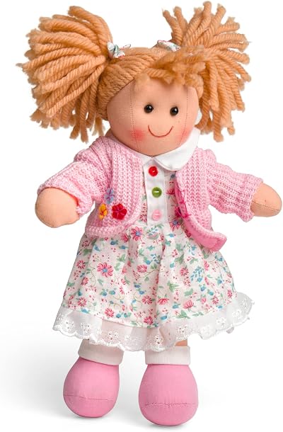 Bigjigs Toys Poppy Doll 28cm Soft Rag Doll White Floral Dress Pink Cardigan