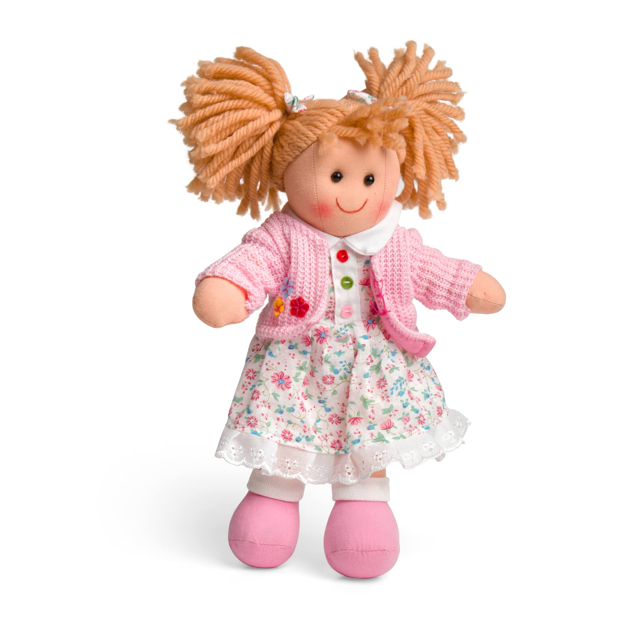 Bigjigs Toys Poppy Doll | Small 28cm Plush Ragdoll | Cuddly & Soft Baby Toy | First Birthday Gifts & Presents for Newborn Children | Dolly Girl with Strawberry Blonde Pigtails & Floral White Dress