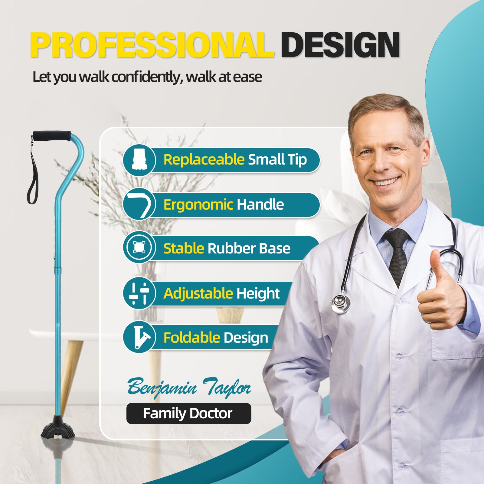 BeneCane Walking Cane Adjustable Cane with Offset Soft Cushioned Handle for Men & Women Lightweight Comfortable Extra Stability Base Mobility Aid for Men Women and Seniors