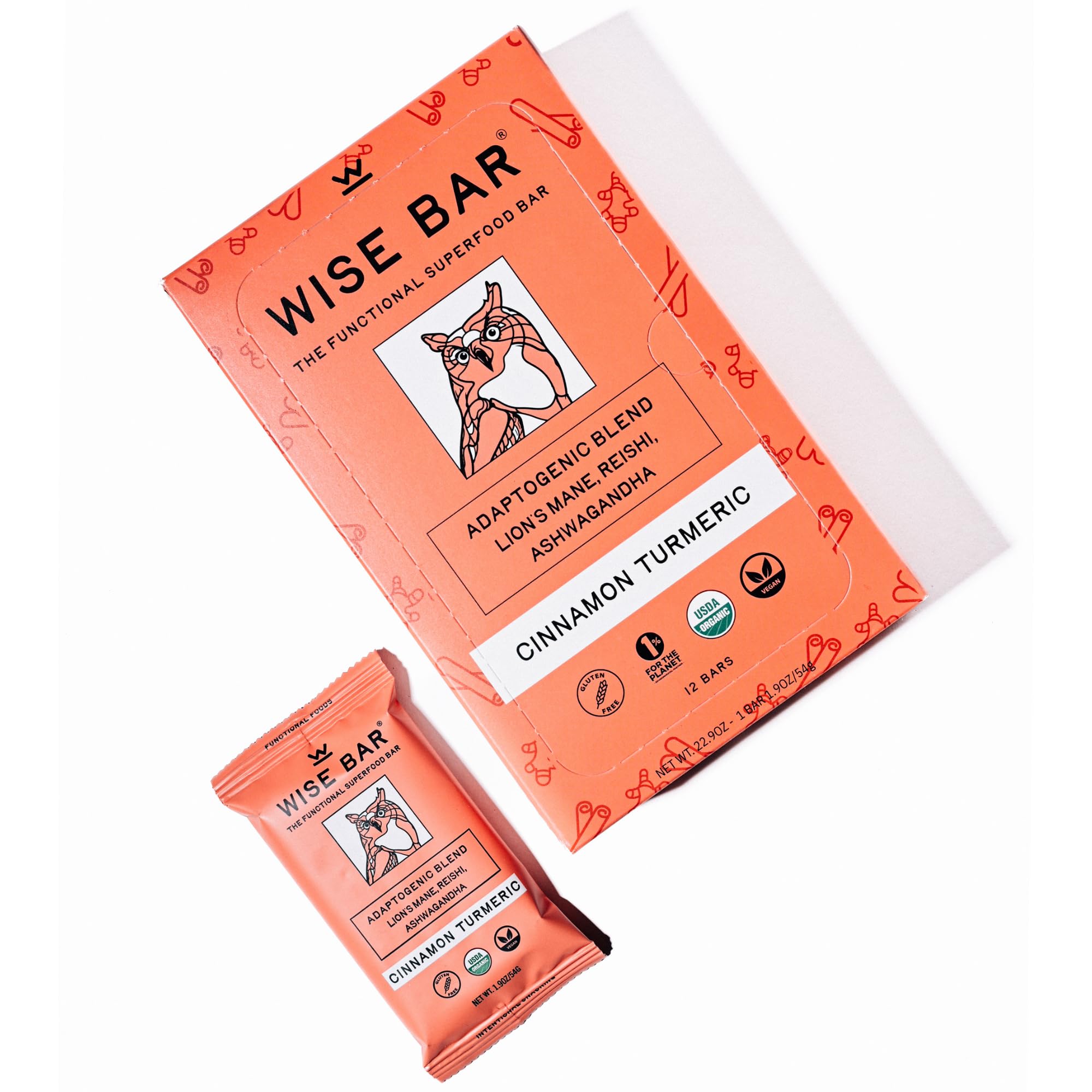 WISE BAR Adaptogen Mushroom Nutrition Bars with Reishi, Lions Mane & Ashwagandha, Organic Vegan & Gluten Free Snacks for Natural Focus, Energy & Immunity Support, Cinnamon Turmeric Flavor, 12 Count