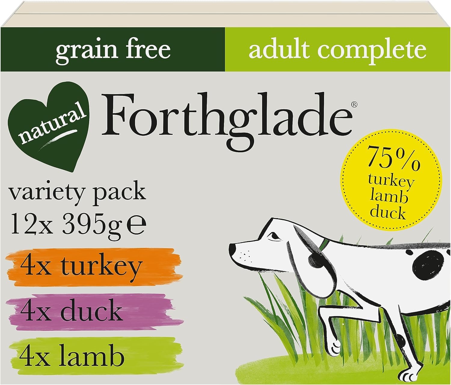 Forthglade Wet Dog Food Variety Pack (12 x 395g Trays) - Grain Free & Hypoallergenic Dog Food, Adult 1 Year+, Turkey, Lamb & Duck with Vegetables, Complete Stomach Sensitive Meals, Natural Ingredients