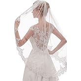EllieHouse Womens Short Fingertip Length 1 Tier Lace Wedding Bridal Veil with Metal Comb L68