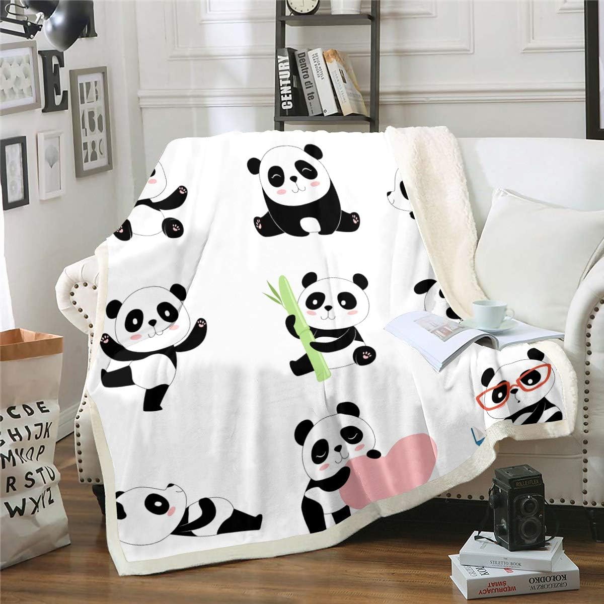 Loussiesd Kids'Cute Panda Bear Sherpa Throw Blanket-Reversible,Warm,Plush,Giant Panda Pattern-50 X60, Multicolored 49, Single( 50"x60")