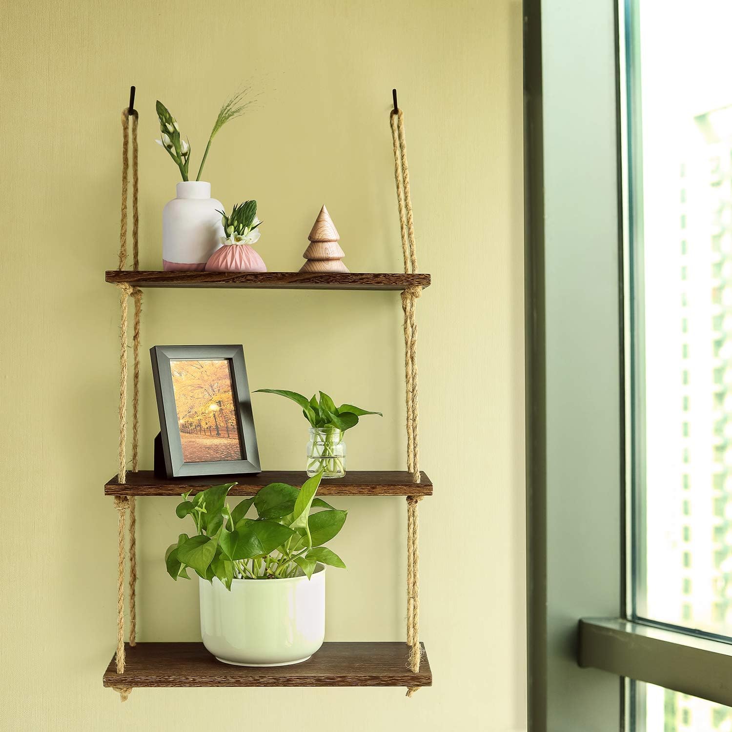 TJ.MOREE Wall Hanging Rope Shelf Wood Hanging Plant Shelves, 3 Tier Window Shelf Home Decor Storage Shelves for Interior Window/Kitchen/Bathroom/Bedroom (Dark Brown): Kitchen & Dining