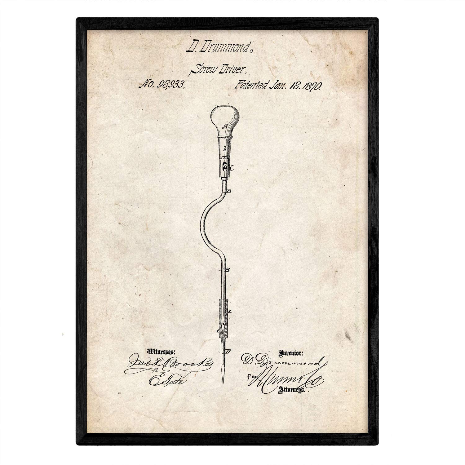 Nacnic Poster patent jackscrew. Sheet with old design patent in A3 size and vintage background