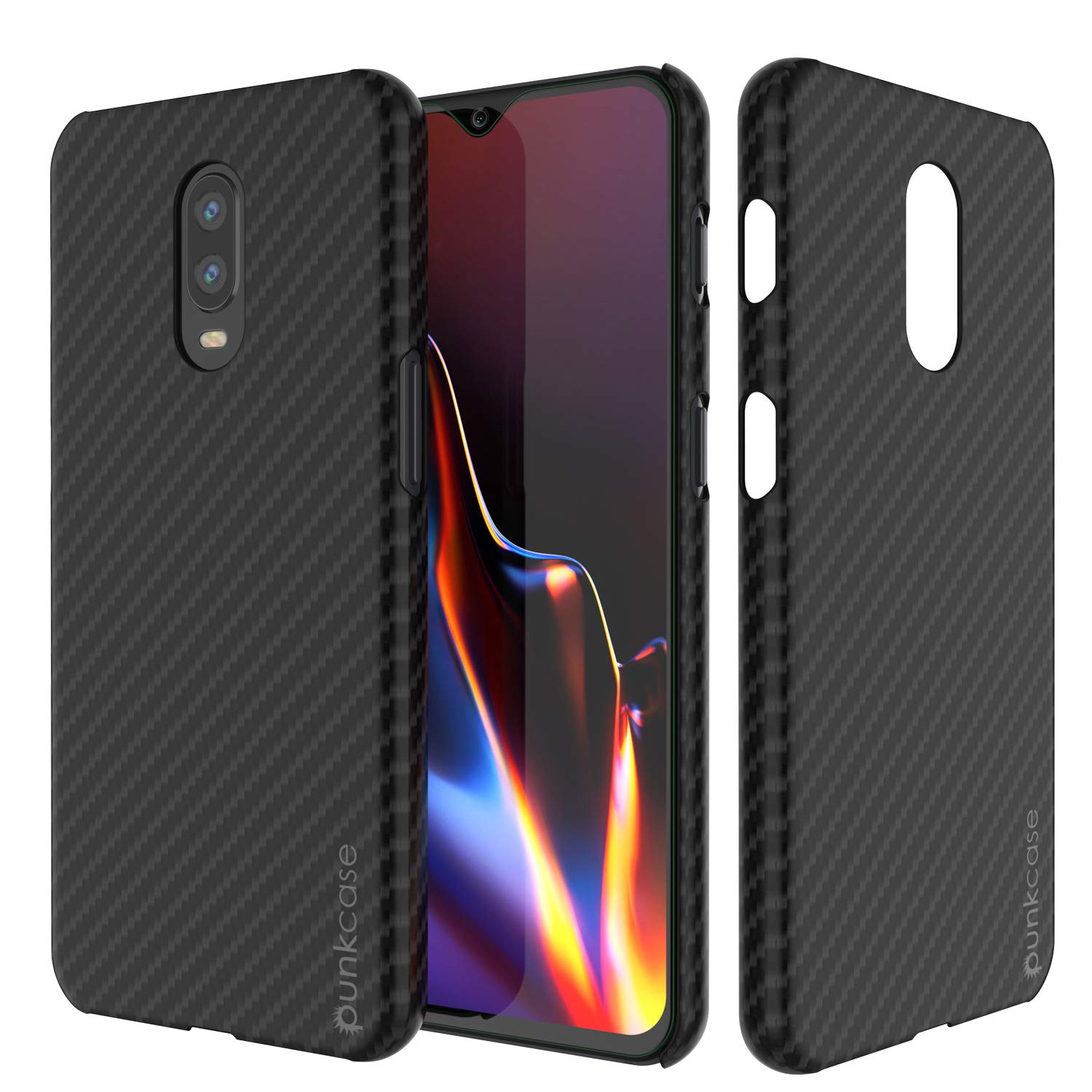 OnePlus 6T Case, Punkcase CarbonShield, Heavy Duty & Ultra Thin 2 Piece Dual Layer PU Leather Cover [Shockproof] [Non Slip] with Tempered Glass Screen Protector for OnePlus 6T [Jet Black]
