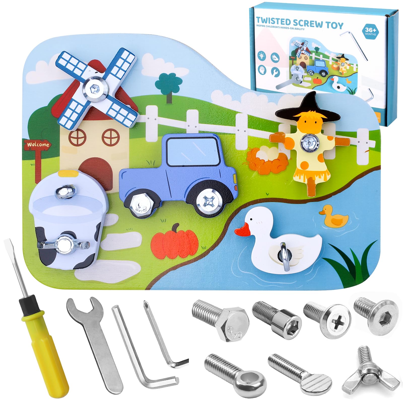 Liangding Montessori Wooden Farm Busy Board, 17 Piece Screw Activity Board with Screwdriver, Wrench and 7 Screws, Fine Motor Skills Preschool Learning Toy for Kids 3 4 5 6, Gift for Boys & Girls — image 1