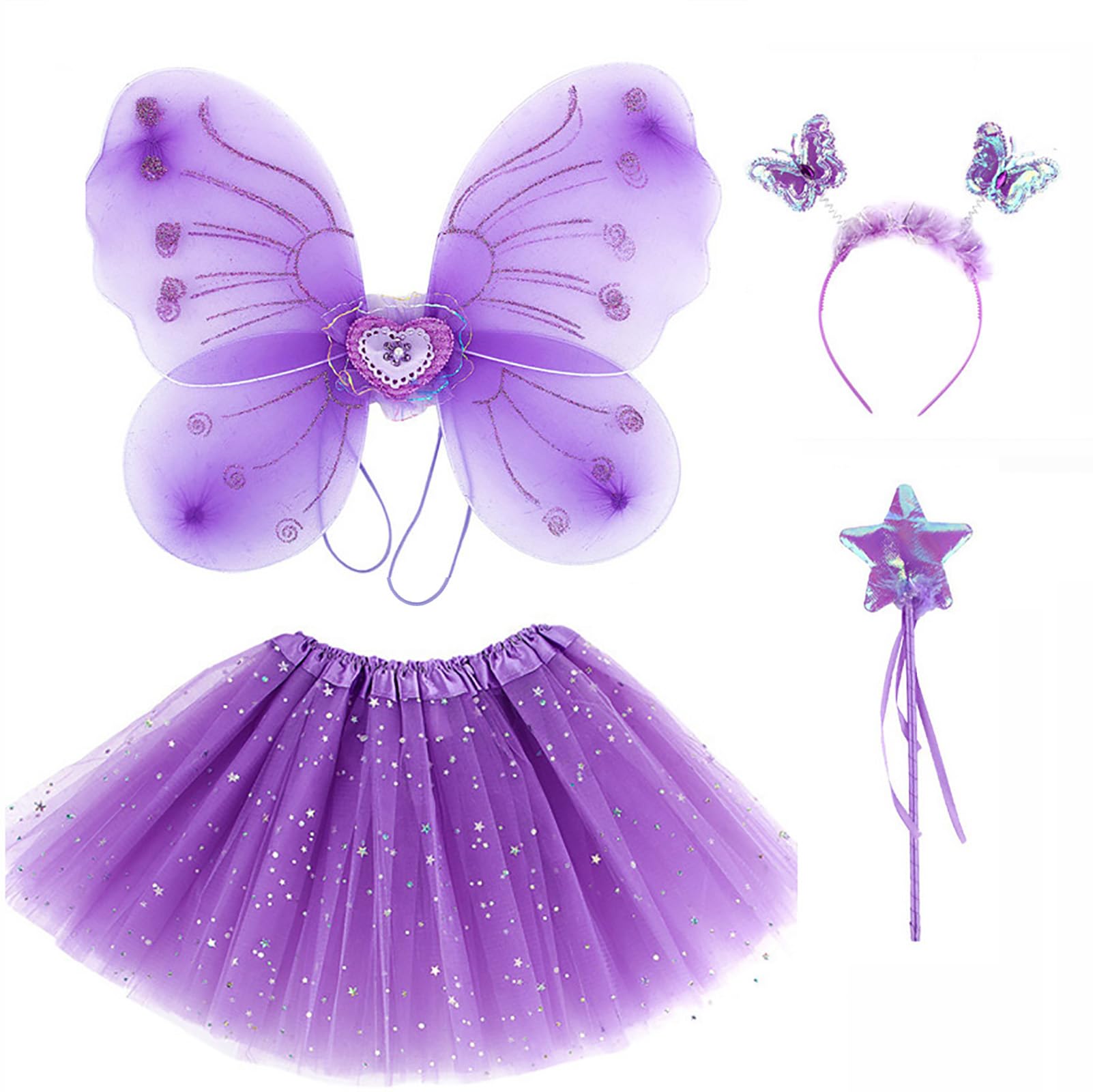 ZJstyle Girls Fairy Costume Set Princess Tutu Skirt Fairy Magic Wings Dress Up Fantasy Costume Play with Wings, Magic Wand and Headband Set for 3-8 Years (Purple)