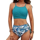 CiCiBird Women's Bikini Sets Twist Front Two Pieces High Neck Lace Up Swimsuits Bathing Suits