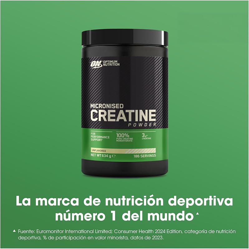 Pó de creatina micronizada optimum nutrition, pó de monohidrato de creatina 100% pura para desempenho e força muscular, shake de proteína sem sabor, 186 porções, 634 g