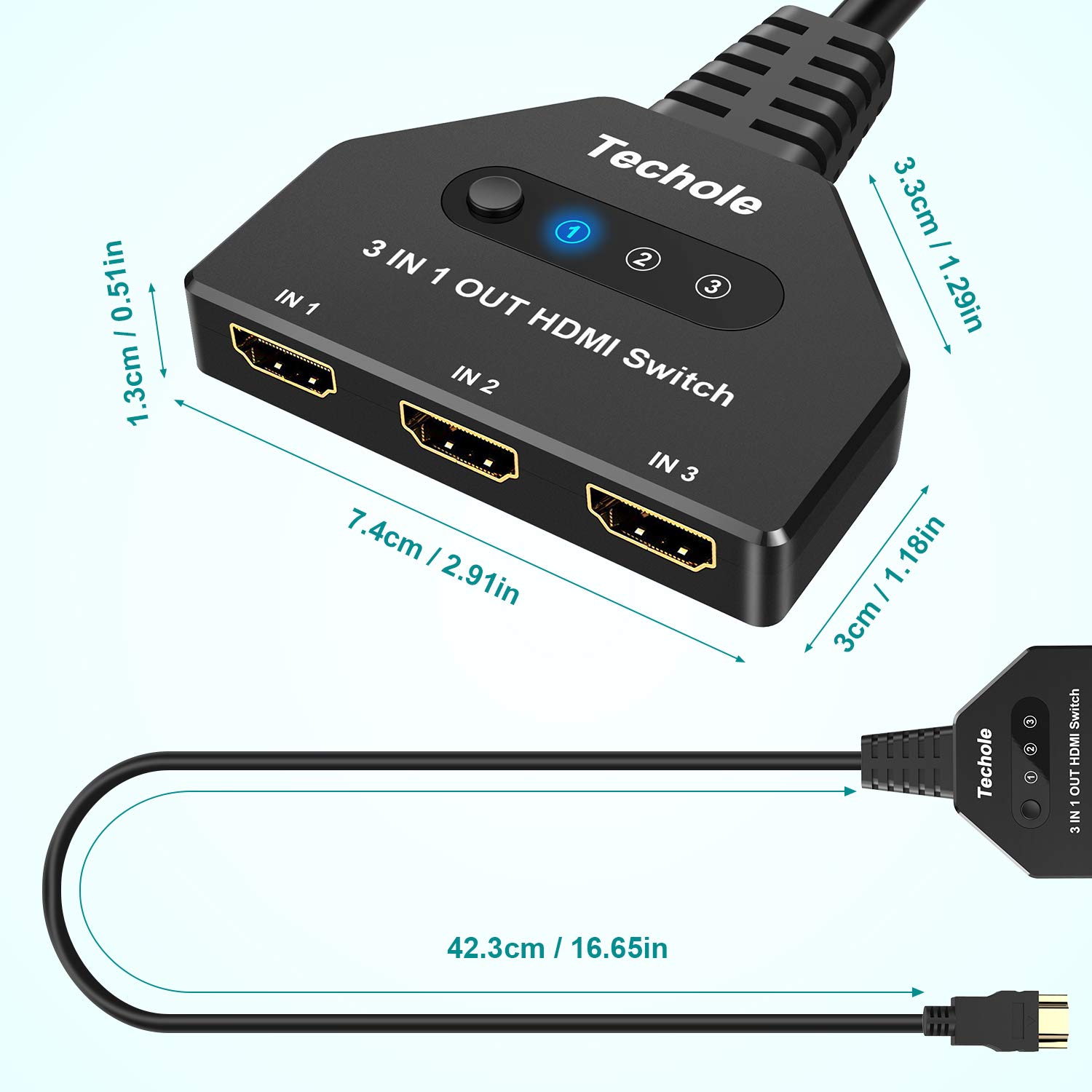 HDMI Switch 4K - Techole HDMI Switcher 3 in 1 Out HDMI Splitter, or 3 x 1, USB External Power Supported, Supports 4K 3D HD 1080P for Xbox PS4 Roku Blu-Ray Player HDTV (HDMI Switch): Industrial & Scientific