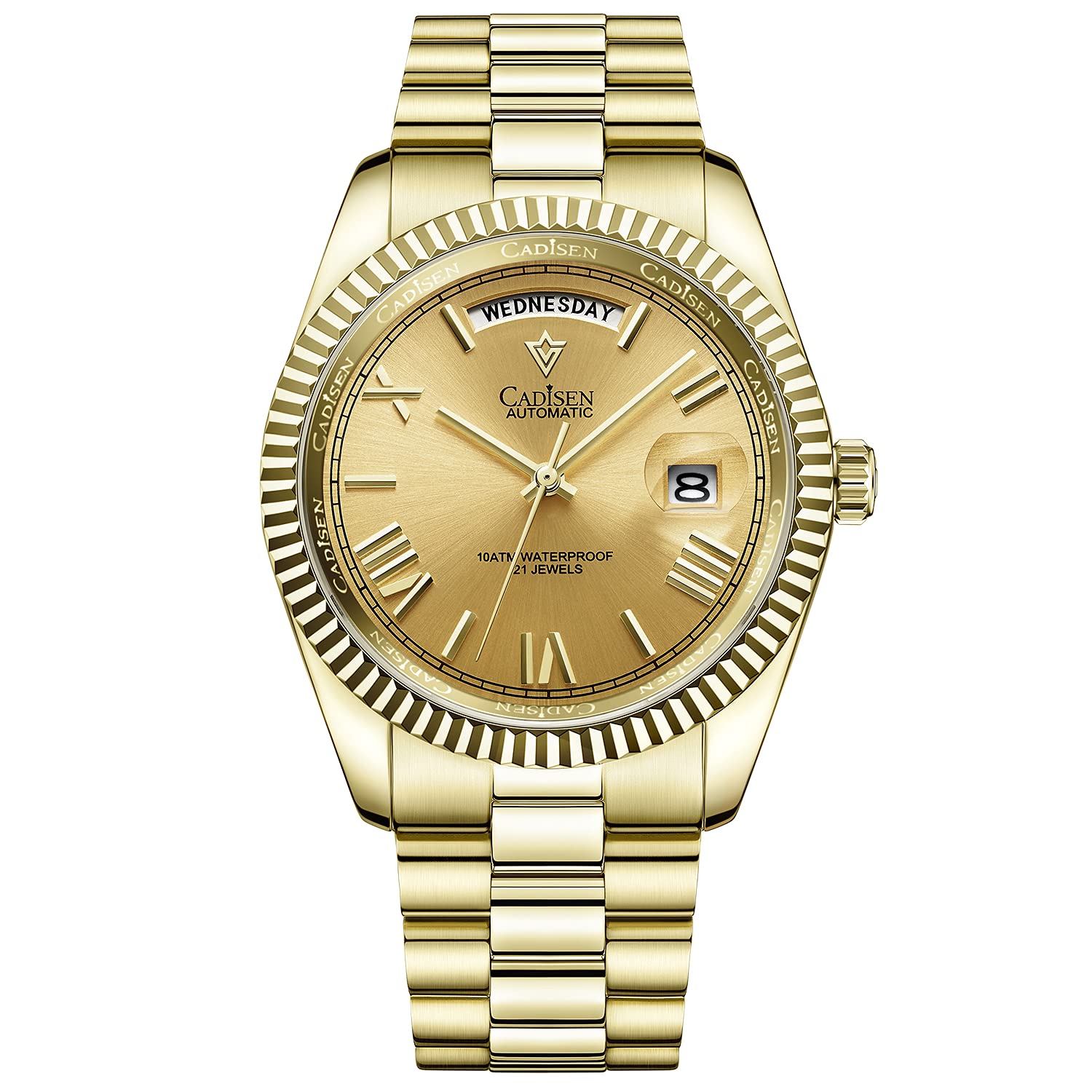CADISEN Men's Automatic Watch Mechanical Automatic Watch Sapphire Glass and Stainless Steel Bracelet Watch, gold, Bracelet