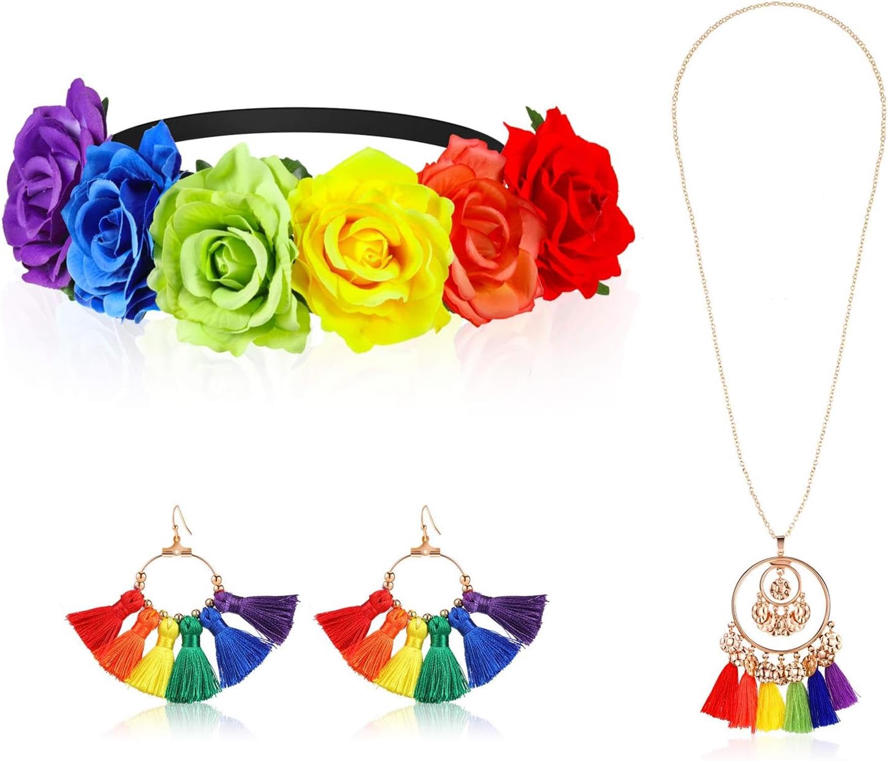 Women Gay Pride Floral Crown Headband Set Rainbow Rose Flower Headband Hair Wreath with Colorful Tassel Earrings and Necklace for Gay Pride Festivals Garland Party Holiday Accessories