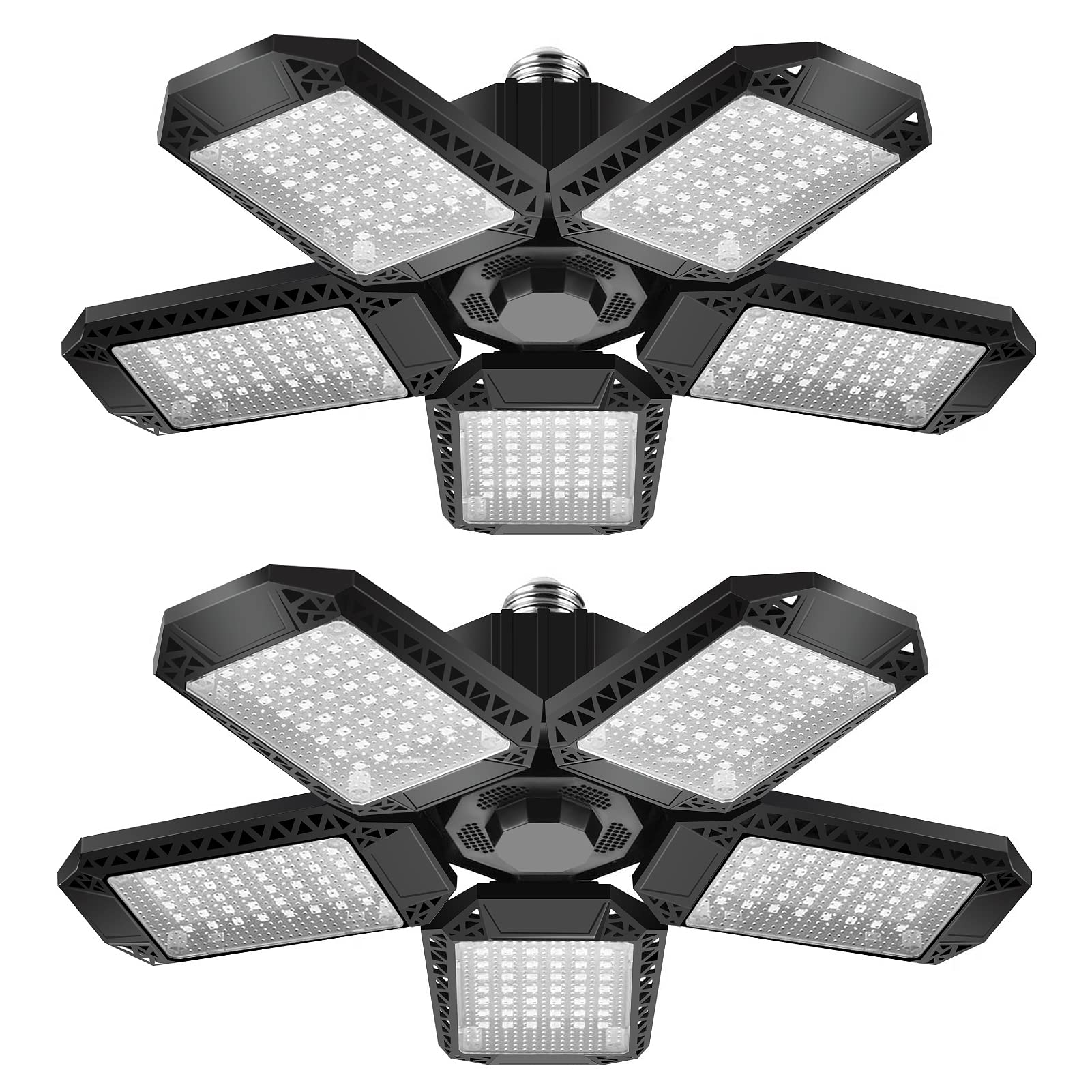 BNGGOGO 2 Pack Garage Light, 150W LED Lighting 5 Adjustable Panels, 15000LM Demable E27 Ceiling Lighting, Ultra Bright Lights Workshop Warehouse, Black (GOLEDLLT03UP)