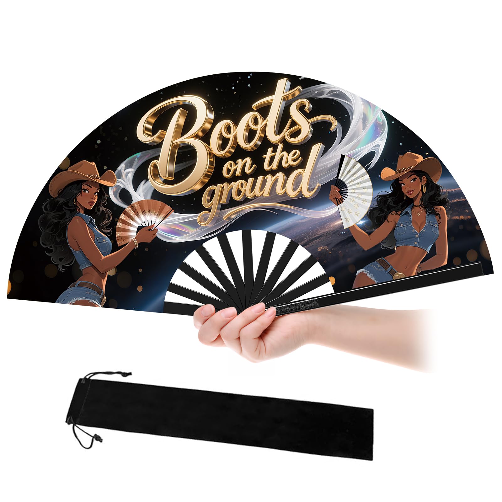 Photo 1 of Aosetur 13" Line Dance Popping Fan for Dance, Where Them Fans at Clack, Folding,Boots On The Ground Hand Large Festival Folding Fan for Women, Party, Decoration (B)