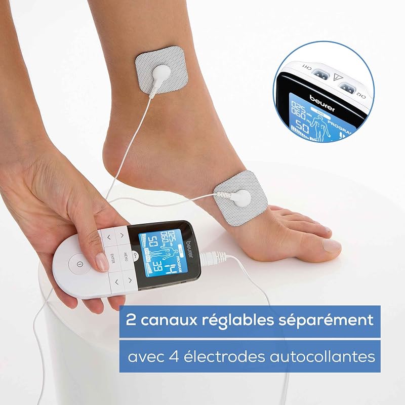 EM49 Électrostimulateur musculaire 3 en 1 :TENS/EMS/Massage, thérapie anti-douleur TENS, stimulation électrique des muscles EMS, 4électrodes, Noir réutilisables incluses, facile à emporter