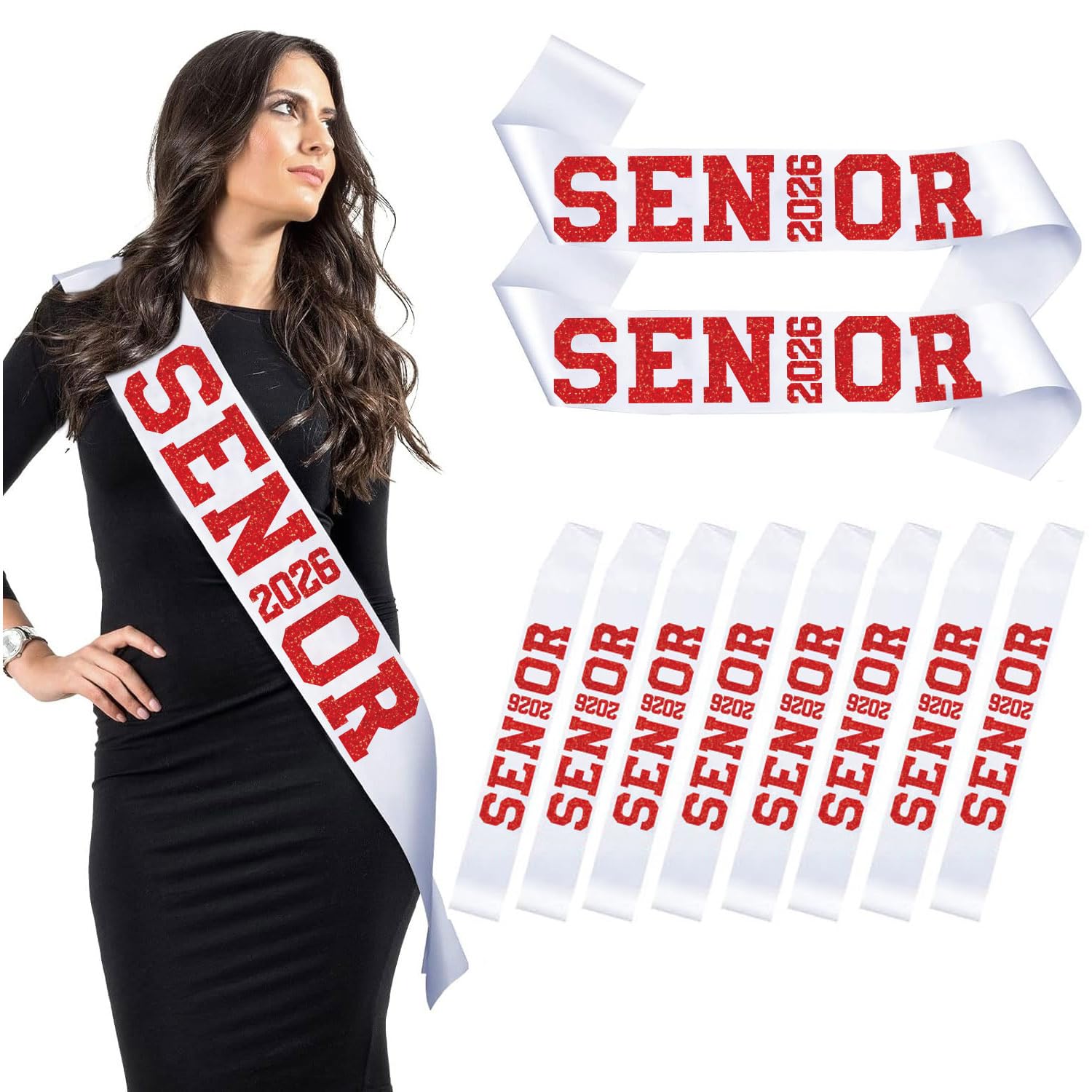 Photo 1 of 10Pcs White Senior 2026 Satin Sashes with Red Glitter Letters- 2026 Graduation Celebrations Sashes - Senior Cheer Sash - Cheerleader Sash - Class Competition Sashes