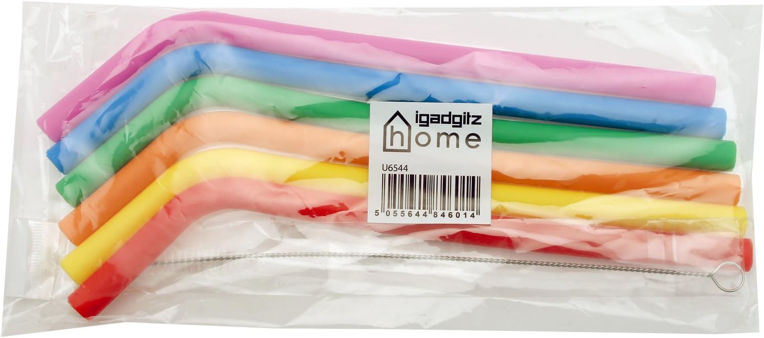 igadgitz home Reusable 100% Food Grade BPA Free Soft Silicone Travel Drinking Straws with Metal Cleaning Brush, Set of 6 (Red - Image 5