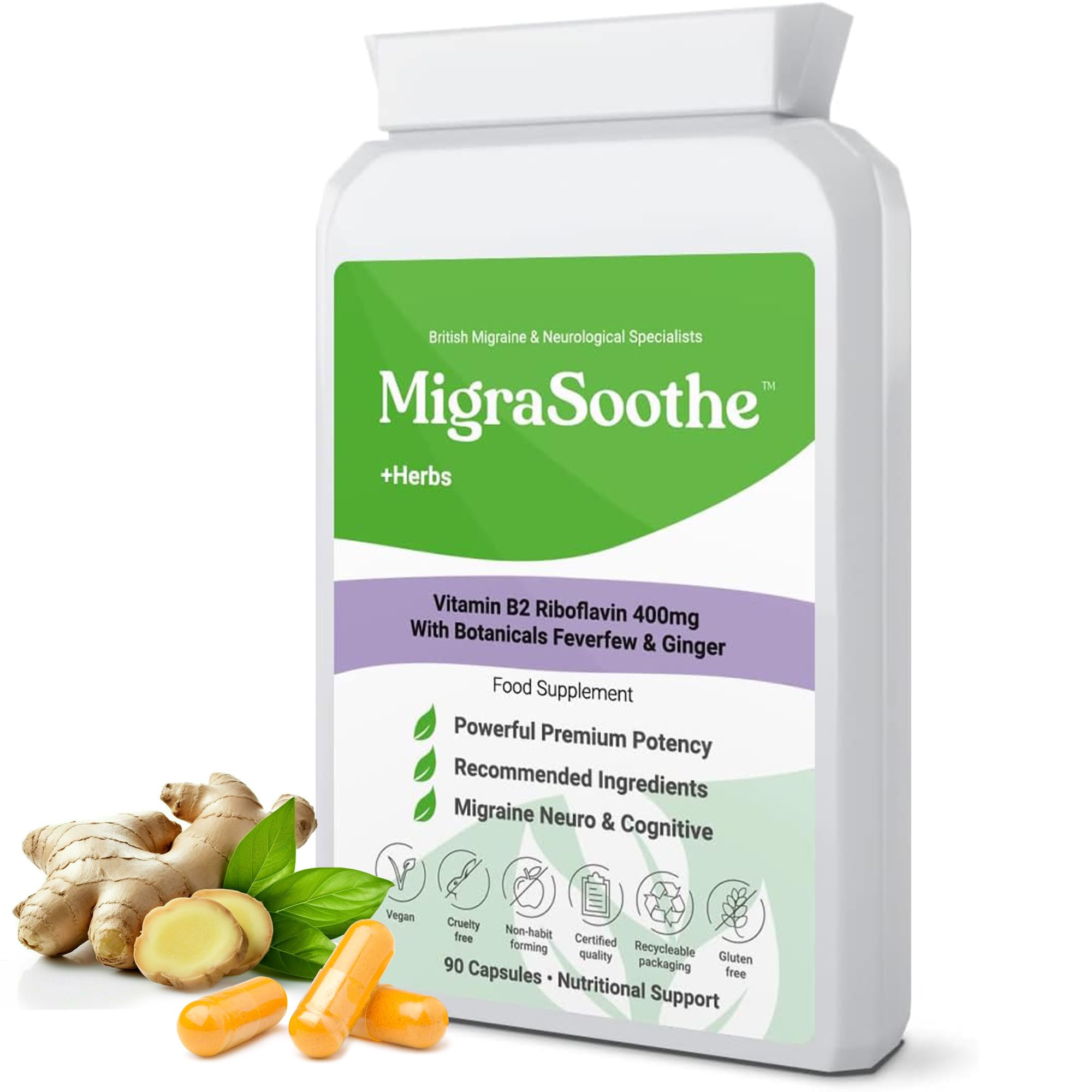 Migraine Relief Feverfew + Ginger + Vitamin B2 Riboflavin 400mg per Capsule - Migrasoothe + Herbs NHS Recommended Ingredients UK Made Stress, Headaches Tremors & Energy Vegan. Vitamin B2 400 [90]