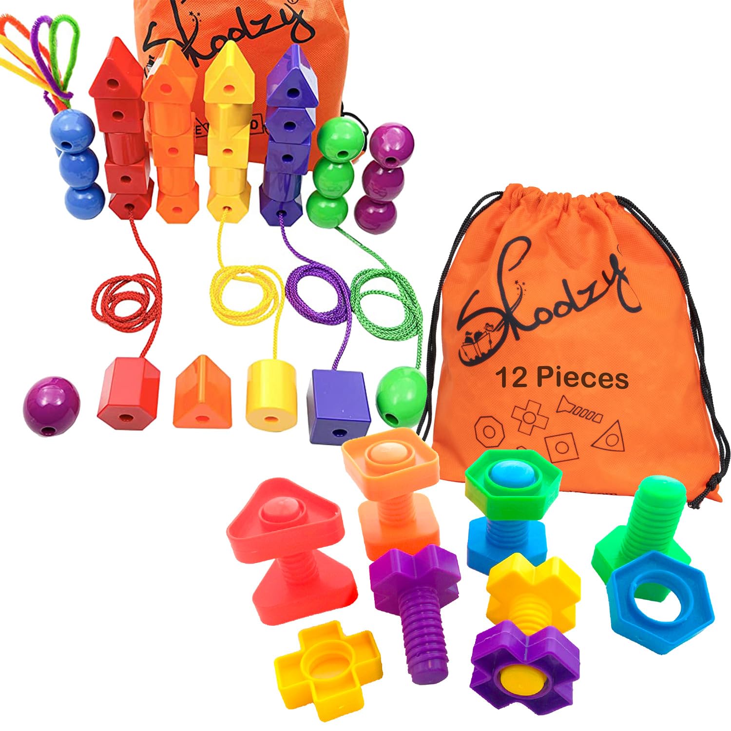 Skoolzy Rainbow Lacing Beads & Nuts and Bolts - 24 Piece Shape Sorter and 37 Piece Color Recognition Montessori Toy Sensory Bundle for 36+ Months Toddlers & Occupational Therapy Fine Motor Skills Game