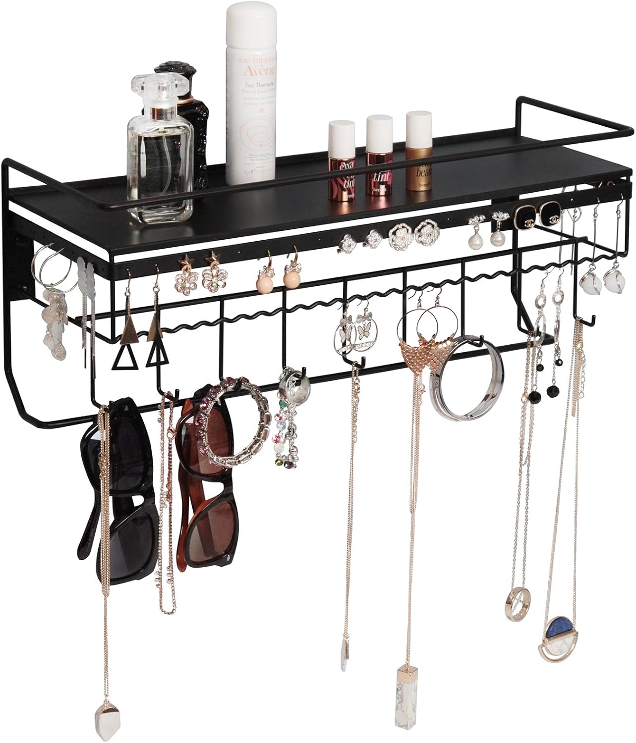 JackCubeDesign Wall Mounted classic Black Iron Designer made Cosmetics Storage Shelf w/Necklace Jewellery Organiser Shelf Earrings Holder