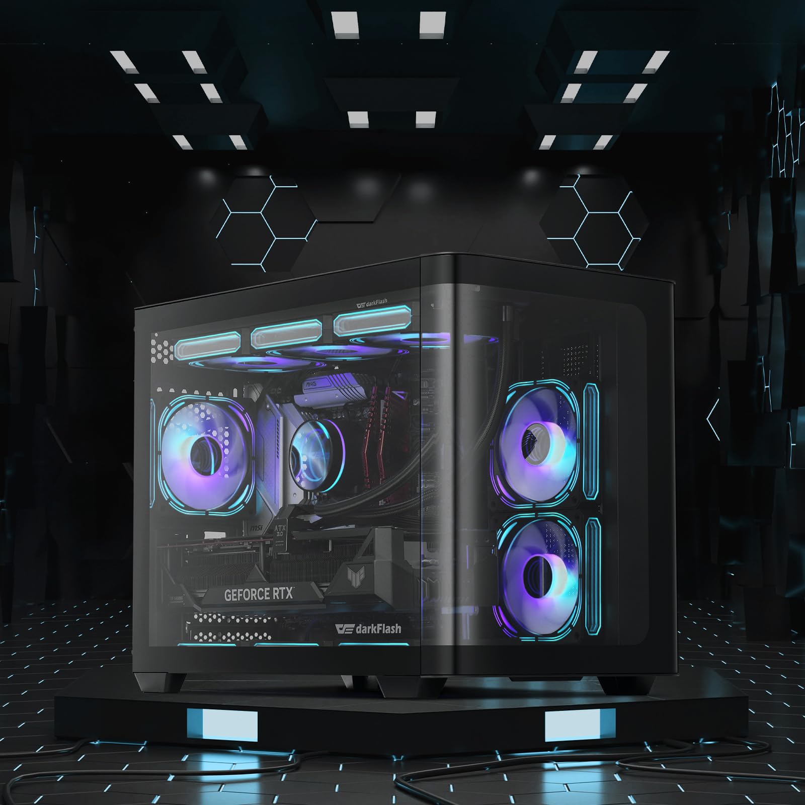 darkFlash Micro-ATX Gaming PC Case, MATX PC Case with 3 x 120mm ARGB Fans, Panoramic View Dual Tempered Curve Glass Computer Case, USB 3.0 Port, Supports Dual 360mm AIO, Black(DPW90M)