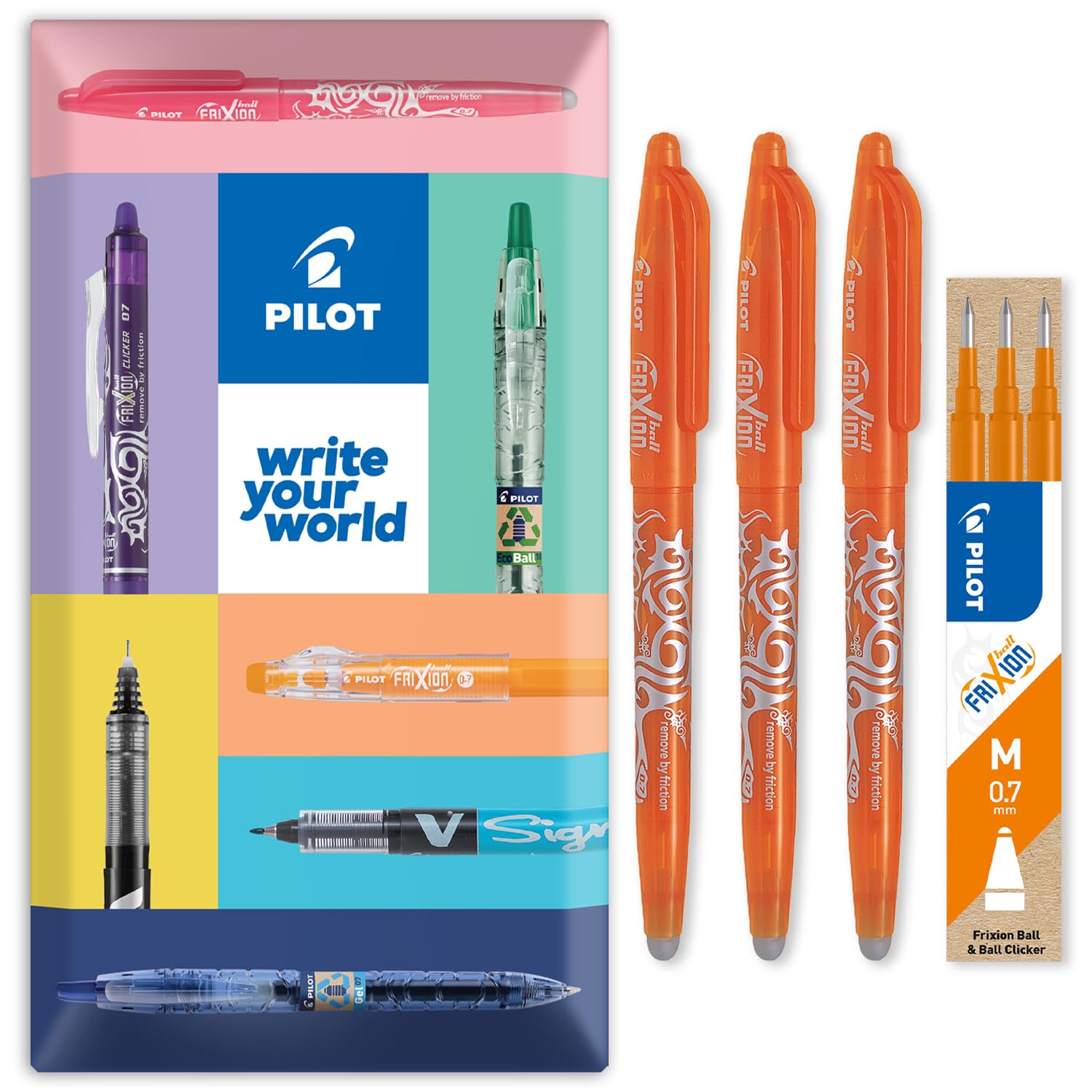 PILOT Frixion Heat/Friction Erasable Rollerball Pen FR7 - Medium Line 0.7mm Tip Nib - In Envelope Gift Packaging - Pack of 3 Pens + 3 Refills (Orange)