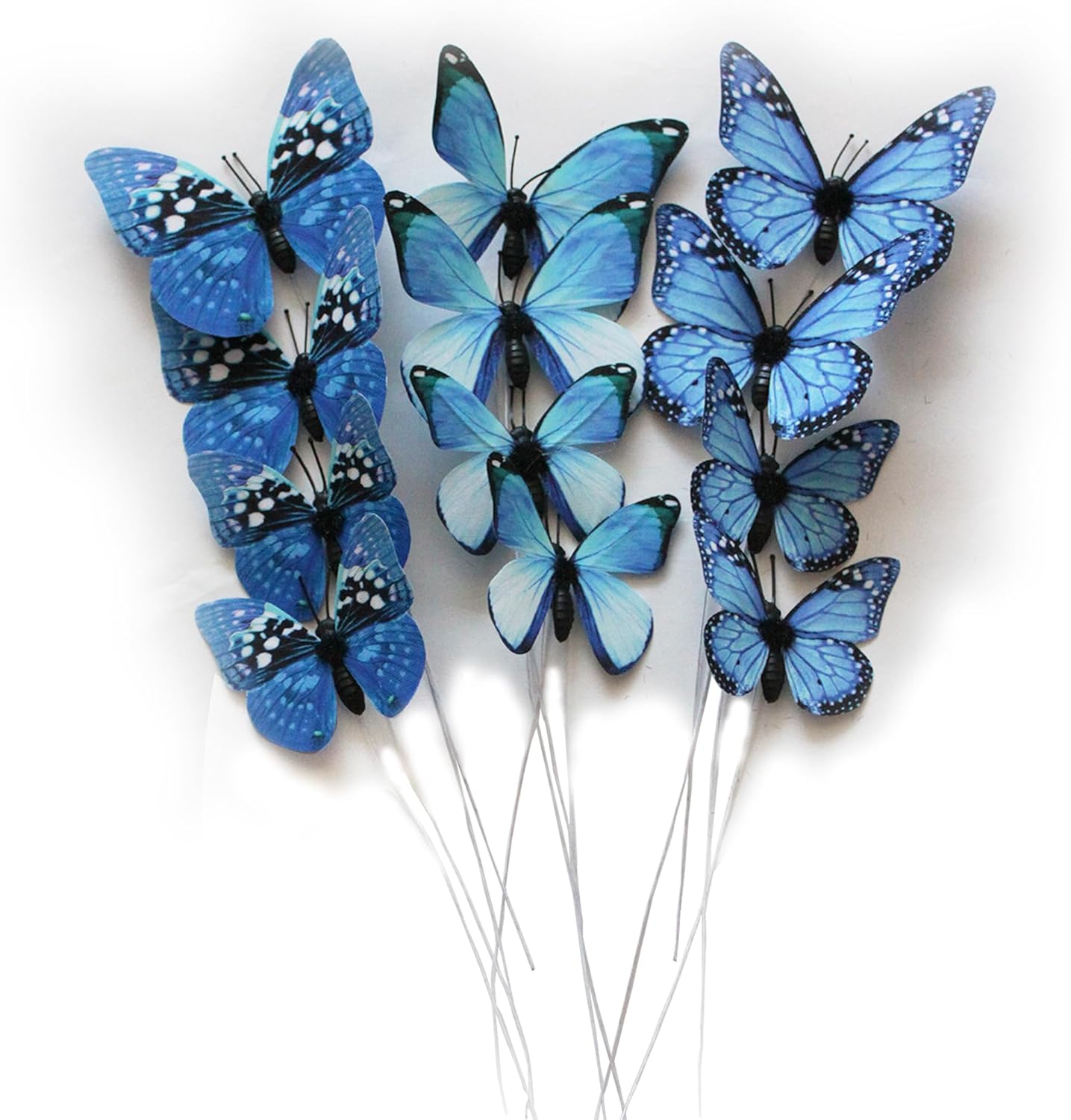 Decorative Garden Stakes - 12 Pack Butterfly Decorations, DIY 3D Butterfly Stakes Decor, 2 Sizes of Butterfly Ornament for Home Fake Flower Floral Supplies Tea Party Wedding Easter Christmas Spring Fall. (Lake Blue 01)