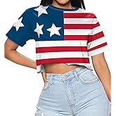 Women's 4th of July Short Sleeve Tee Shirts Graphic Stars Stripes Red White Blue Memorial Crop Tops Patriotic USA Flag XL