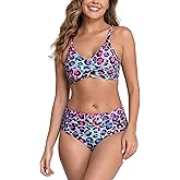 Halcurt Women's Bikini Sets Twist Front Swim Top with Ruched Tummy Control Bottom Two Piece Swimsuit