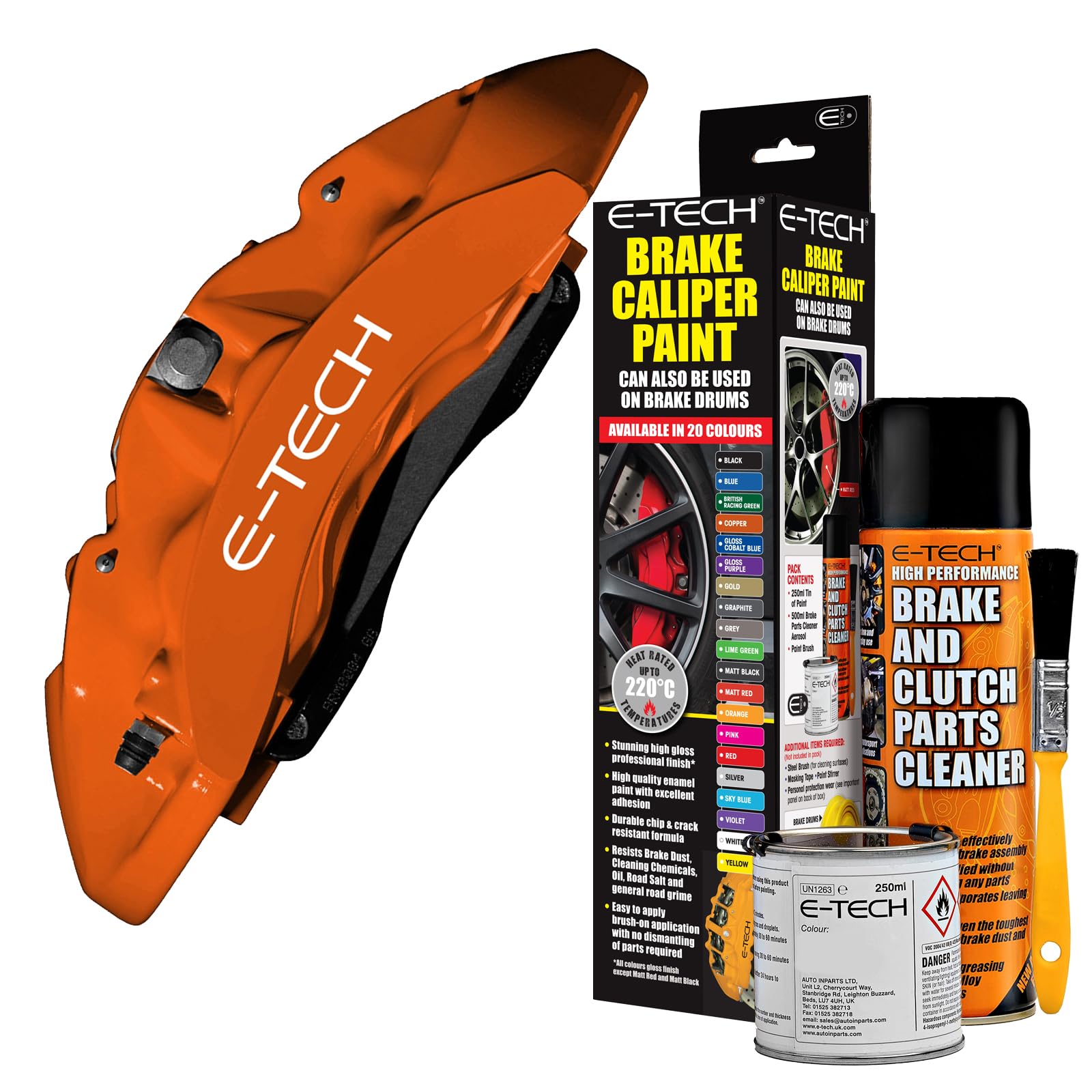 E-TECH Orange Brake Caliper/Drum Paint - EBCP-O - Complete Kit Inc Paint/Cleaner & Brush