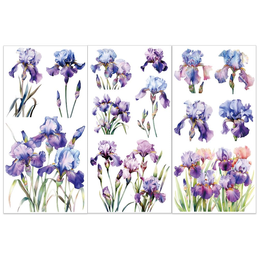 OLYCRAFT 3pcs/Set Iris Rub on Transfers for Furniture and Crafts 15x30cm Flower Decor Transfer Stickers Floral Rub on Decals for Wood Furniture Scrapbooking Home Decorations