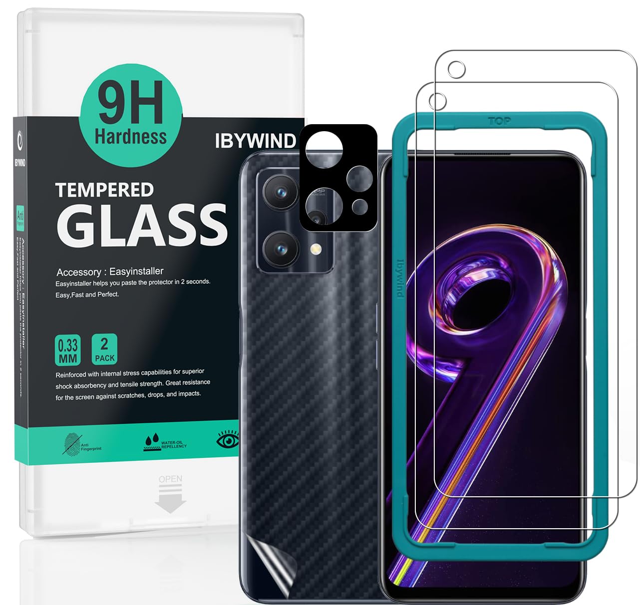 Ibywind Screen Protector For Realme 9 Pro+ 5G 6.4"[2 Pack],9H Hardness Tempered Glass,With 1Pc Camera Lens Protector,Easy to Install
