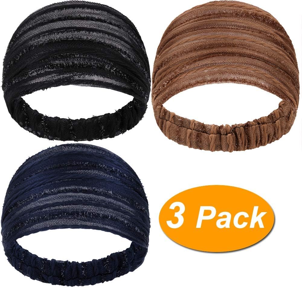 LONEEDY 3 Pack Wide Headband for Women Elastic Head Wrap Hair Band, Fashion Sequin Turban Stretch Hair Accessories (Black+Blue+Brown)