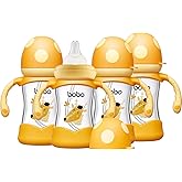 YOHKOH Natural Glass Baby Bottle with Natural Response Nipple, Wide Neck Baby Bottles with Handle, Newborn Anti-Colic Baby Bottles Gift Set, Clear (5.4oz (Pack of 4), Yellow)