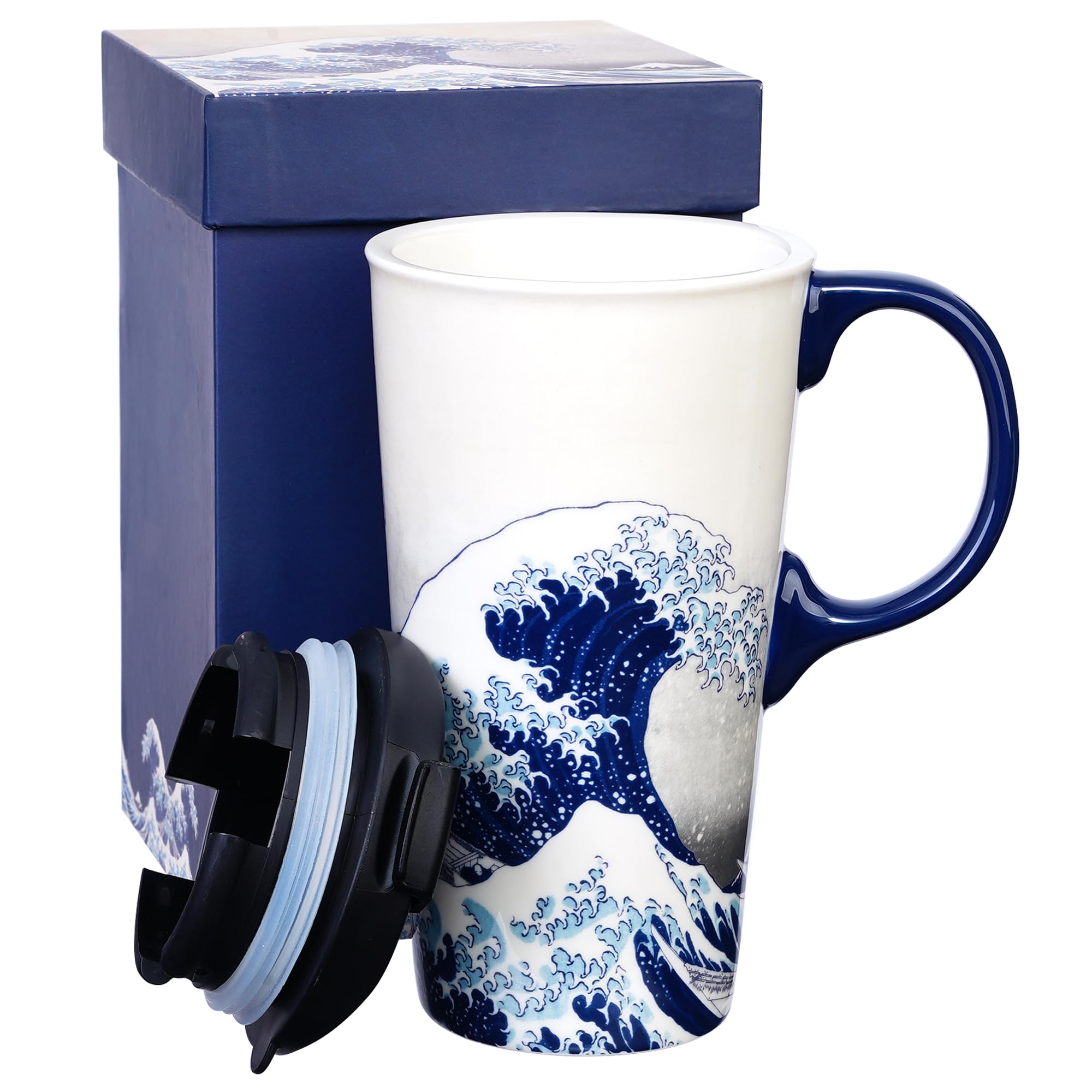 DUSVALLY Ceramic Coffee Mug with Lid Porcelain Cup with Box,17oz.The Great Wave