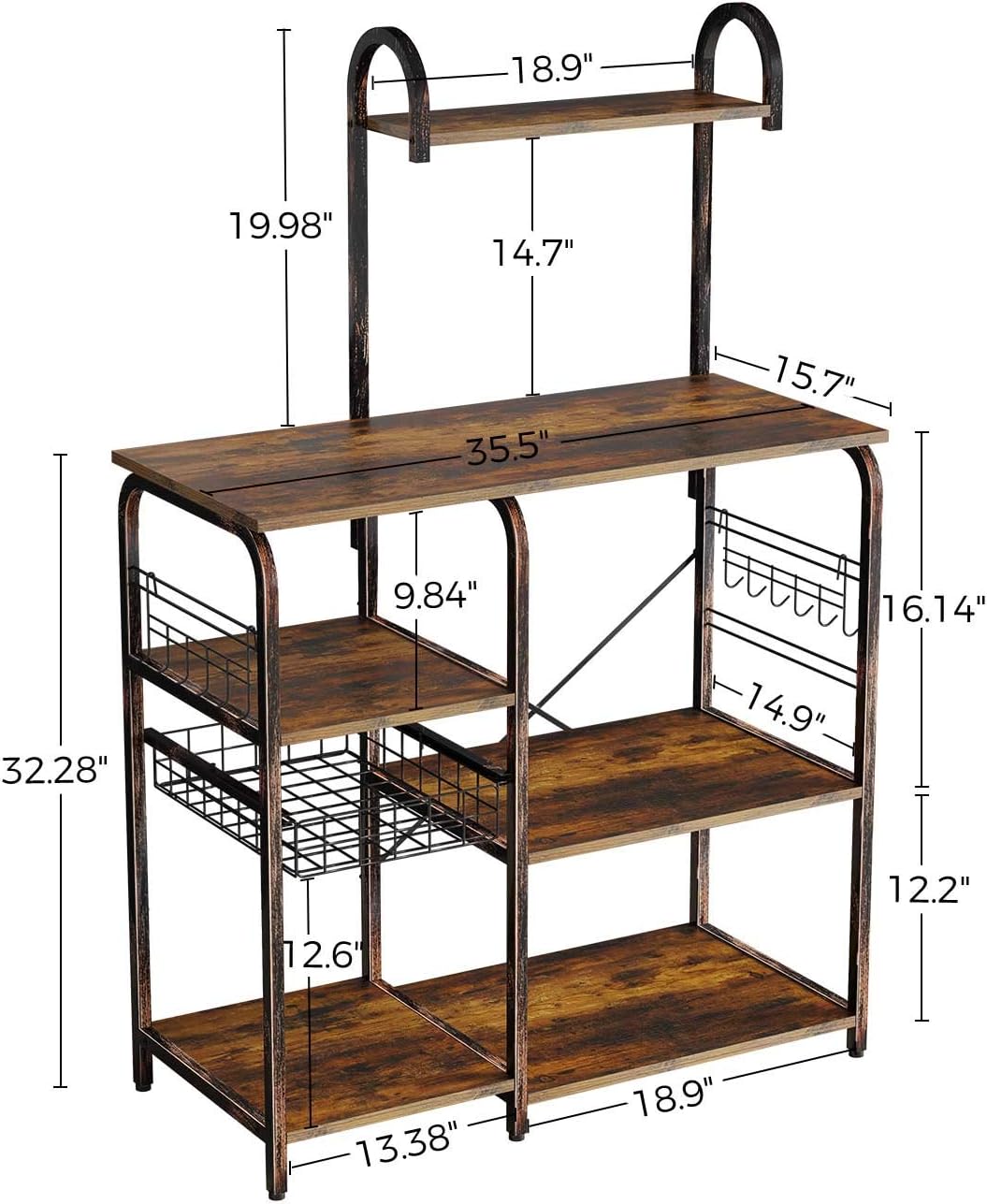 Rolanstar Kitchen Baker's Rack, Large Capacity Utility Storage Shelf, Microwave Stand with 7 Shelves and 12 Hooks, Foldable Pull Basket, Stable Retro Metal Frame - Standing Baker's Racks
