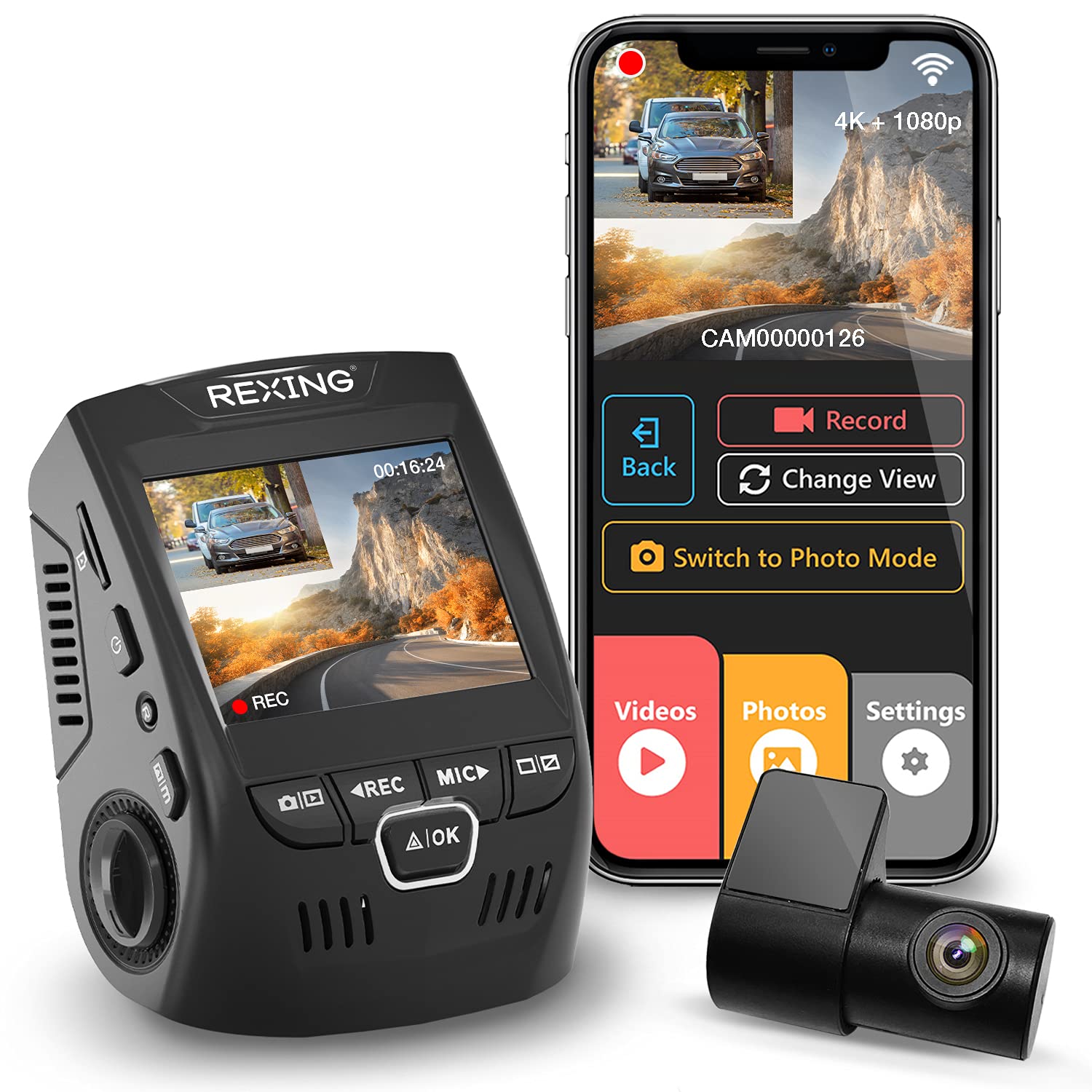 Photo 1 of Rexing V1P 4K Car Dash Cam 2.4" LCD 2160p Front + 1080p Rear Wi-Fi 170° Wide Angle Dual Channel with Rear Cam, G-Sensor, WDR, Loop Recording Mobile App Supercapacitor