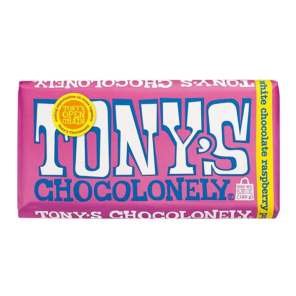 TONY’S CHOCOLONELY BELGIAN WHITE CHOCOLATE RASPBERRY CANDY BAR WITH POPPING CANDY, CHOCOLATE BAR FOR SNACKS, PARTY FAVORS, GIFTS, OR GIFT BASKET, 28% CACAO, MADE FROM QUALITY FAIRTRADE COCOA, 6.35 OZ