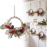Wavyknot 4 Pcs 10'' Mini Christmas Wreaths for Cabinet, Wood Bead Wreaths | Boho Rustic Farmhouse Small Christmas Wreath for Kitchen Cabinet, Artificial Lambs Ear Leaves with Rope, for Window, Chair