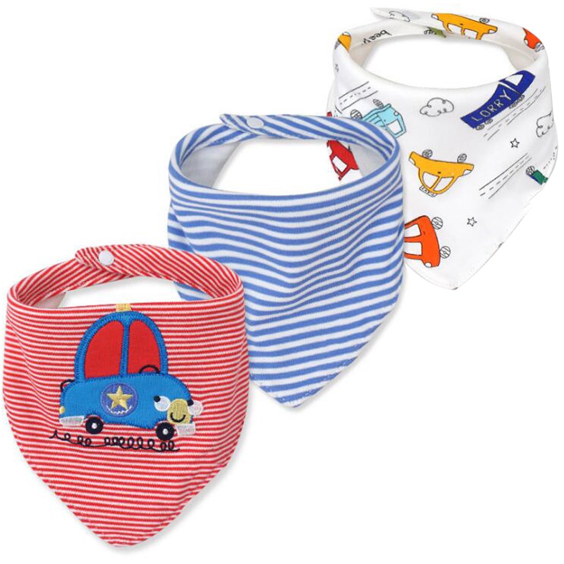 CuteOn Baby Drool Bibs, Unisex 3-Pack Absorbent Cotton, Triangle Bib with Snaps Gift for Boys & Girls (22Blue Car)