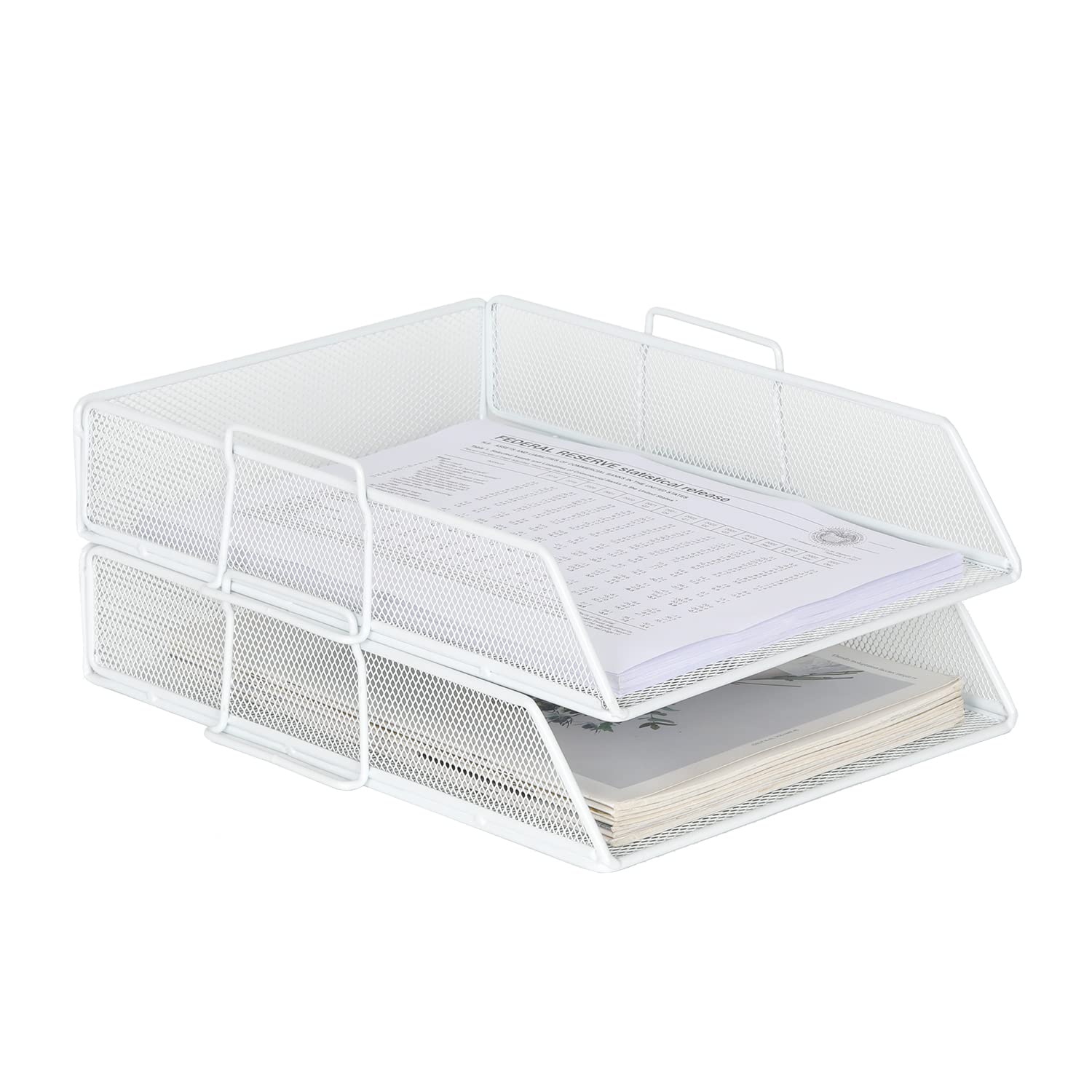 EasyPAG 2 Tier A4 Mesh in Trays Stackable Office Desk Tidy File Holder Magazine Storage Paper Document Letter Organiser,White